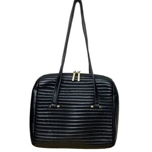 Celine Dion Black Leather Satchel Quilted Double Handles Classic Shoulder Bag